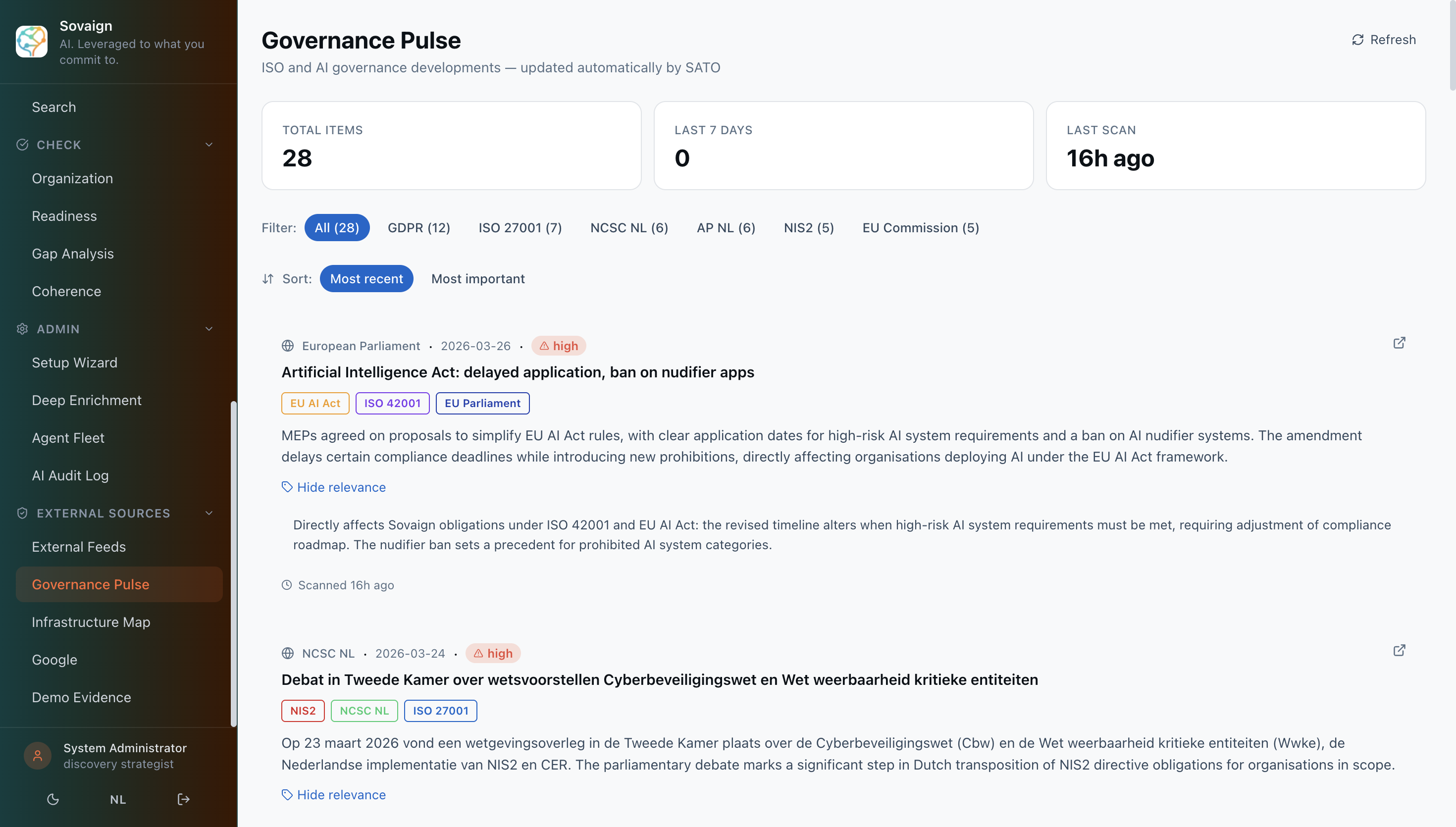 Sovaign Governance Pulse showing 28 regulatory items from European and Dutch institutional sources